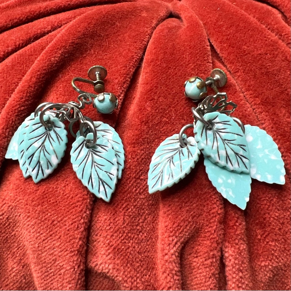 Vintage Turquoise Lucite Leaf Charm Earrings Dangle Earrings Boho Western